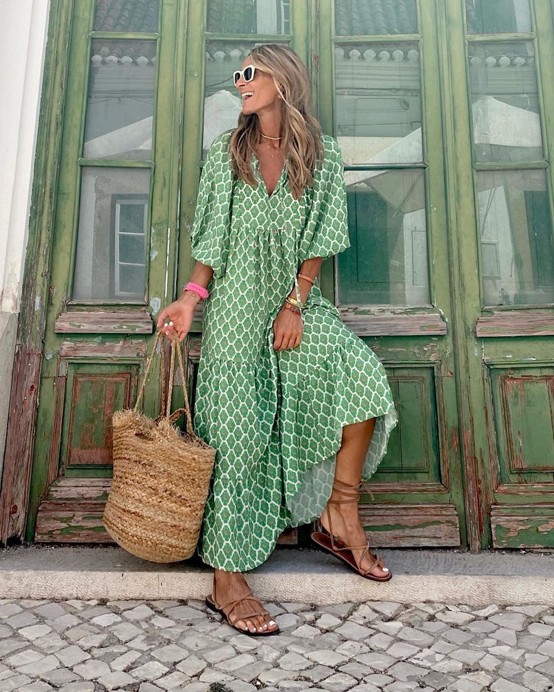 Lange bohemian zomerjurk met V-hals – Fleur