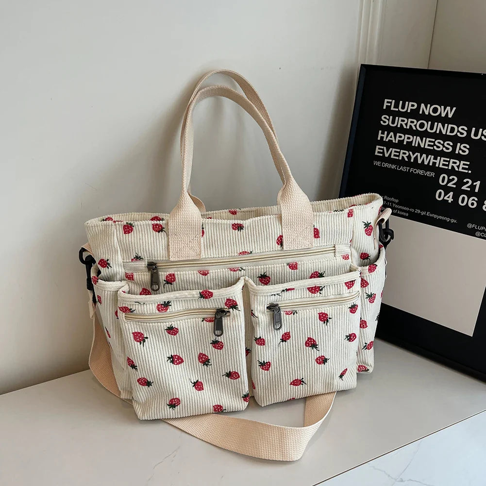 Corduroy tote bag met aardbeienprint voor dames – Livari