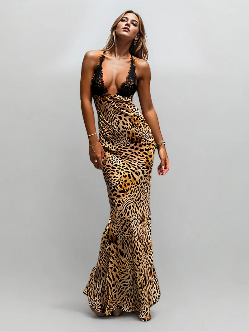 Maxi jurk met luipaardprint en kanten details – Zoë