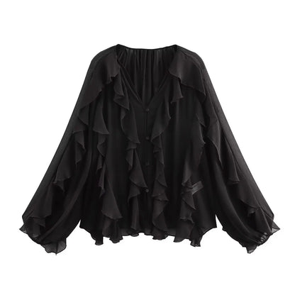 V-hals blouse met volants en luchtige pasvorm – Selina