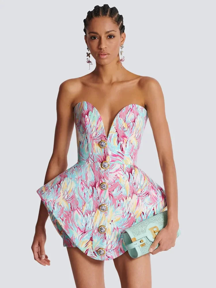 Strapless mini jurk met print en sculptuurvorm – Nola