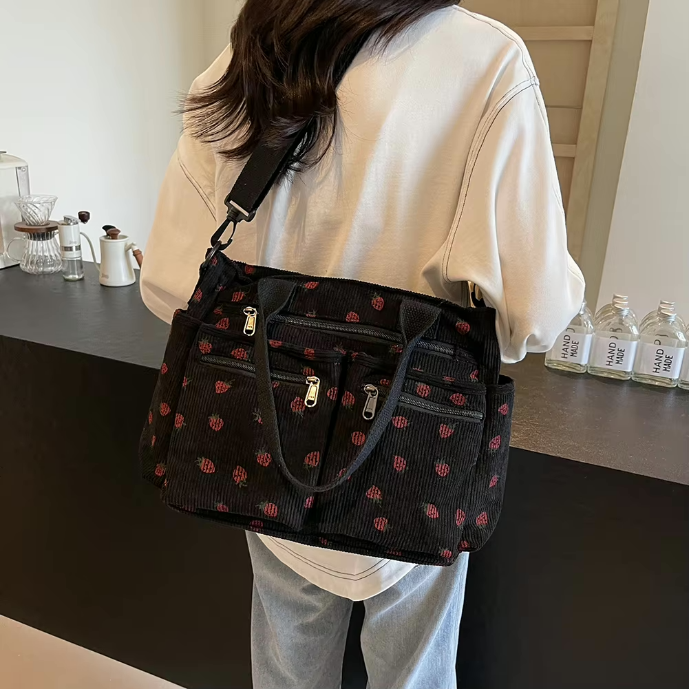 Corduroy tote bag met aardbeienprint voor dames – Livari