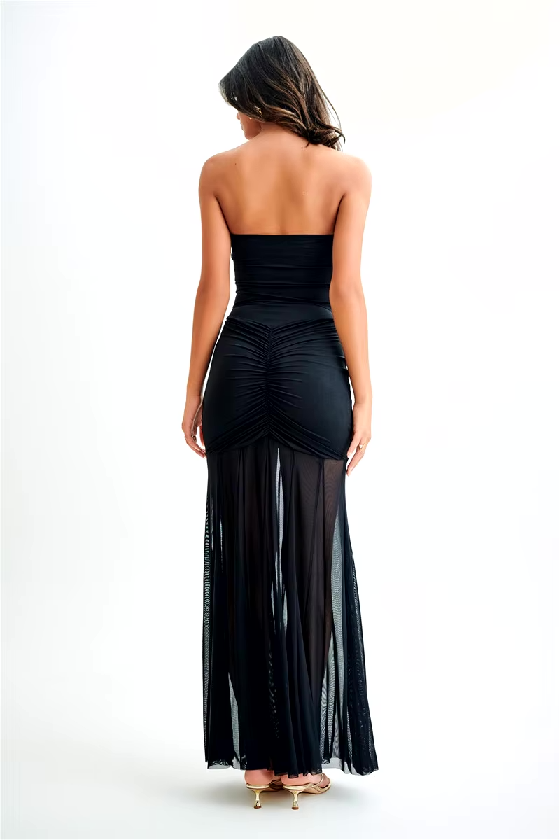 Off shoulder maxi jurk met mesh overlay en ruches – Seraphine