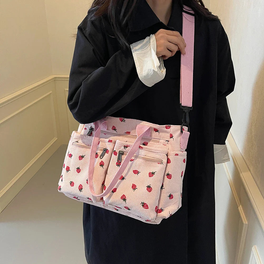 Corduroy tote bag met aardbeienprint voor dames – Livari