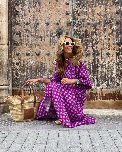 Lange bohemian zomerjurk met V-hals – Fleur