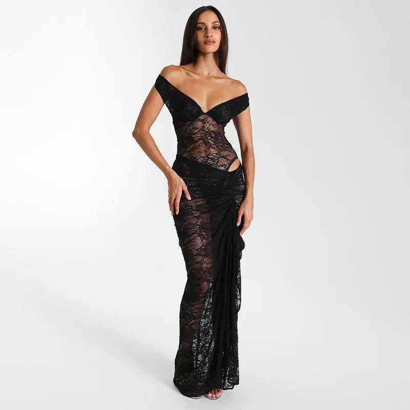 Kanten off-shoulder galajurk met drapering – Isolde