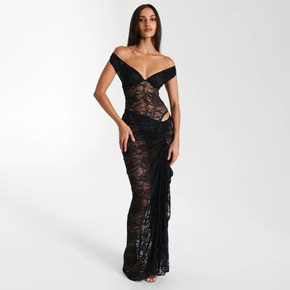 Kanten off-shoulder galajurk met drapering – Isolde