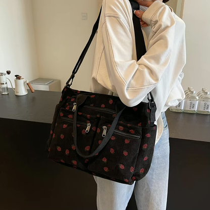 Corduroy tote bag met aardbeienprint voor dames – Livari