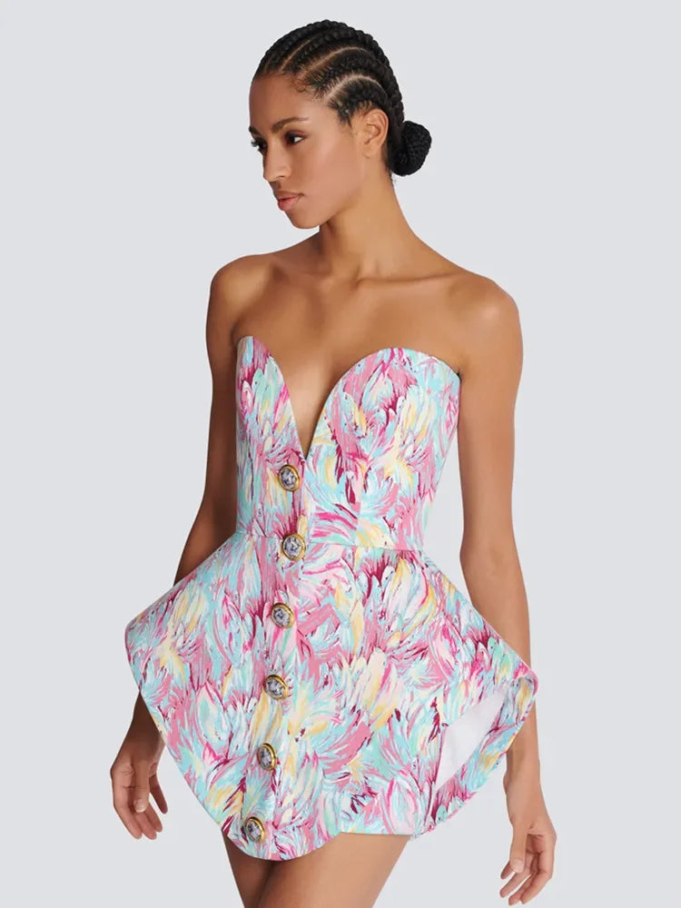 Strapless mini jurk met abstracte print – Soraya