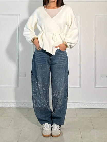Oversized dames jeans met diamant details – NovaGlow