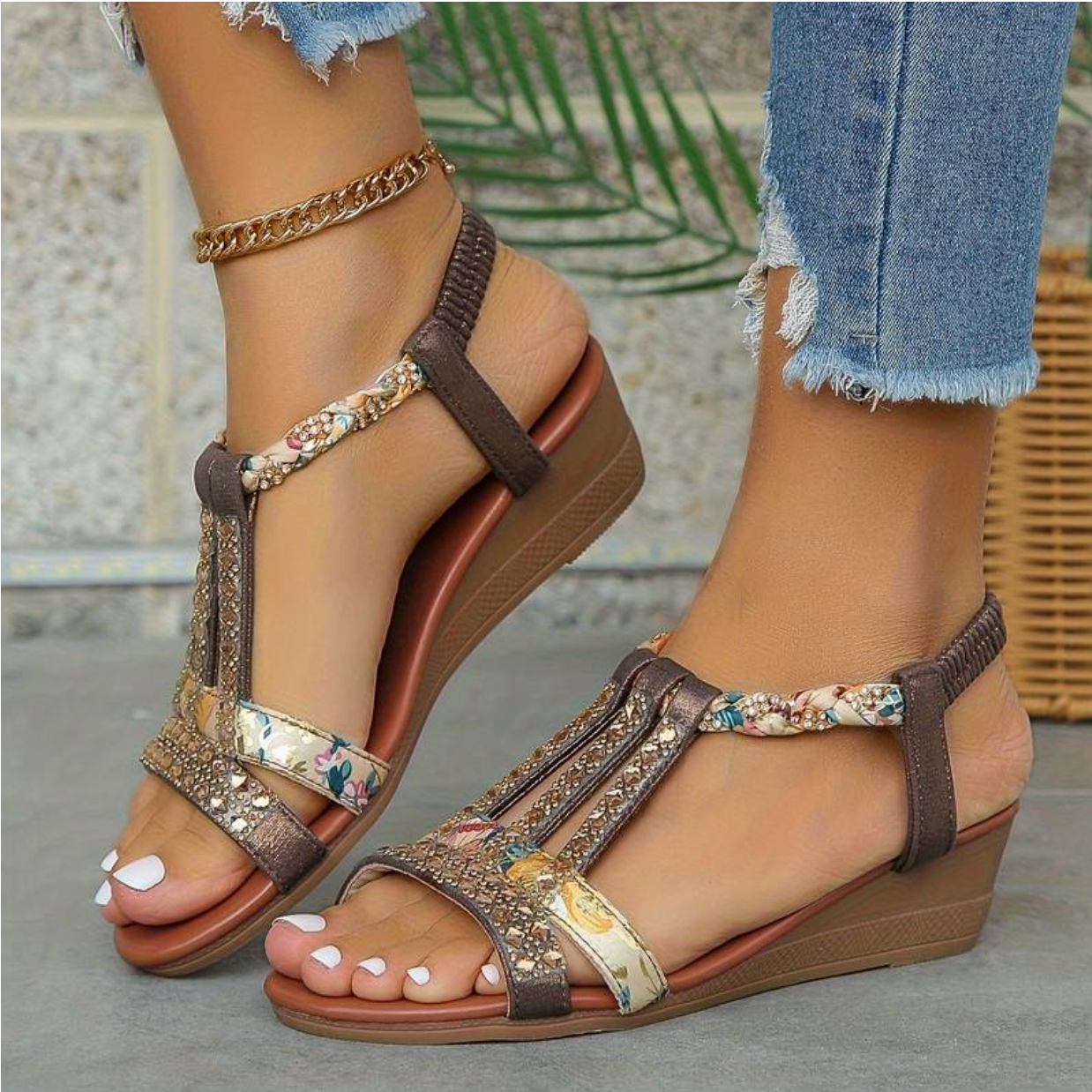 Bohemian sandalen met rhinestones en wedge hak – Yara