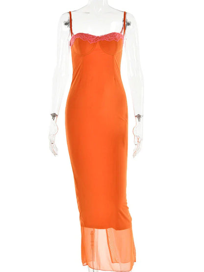 Lange kanten maxi-jurk voor dames in oranje – Amalya