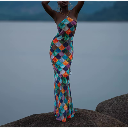 Kleurrijke halterjurk met chiffon en kralen – Nayola