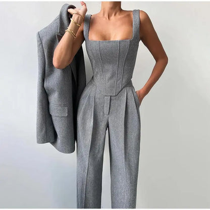 Visgraat top, jas en broek set voor dames – Olivia