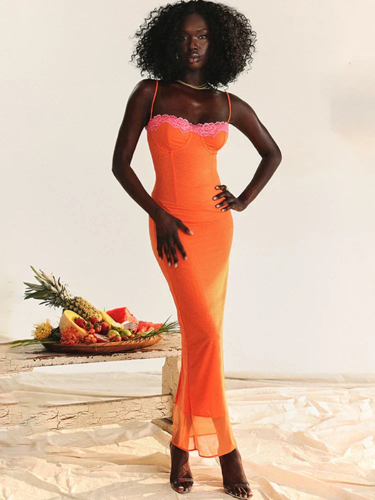 Lange kanten maxi-jurk voor dames in oranje – Amalya