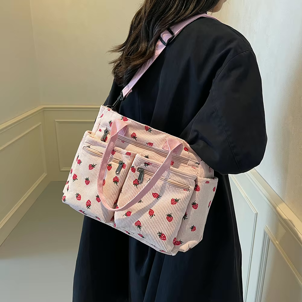 Corduroy tote bag met aardbeienprint voor dames – Livari