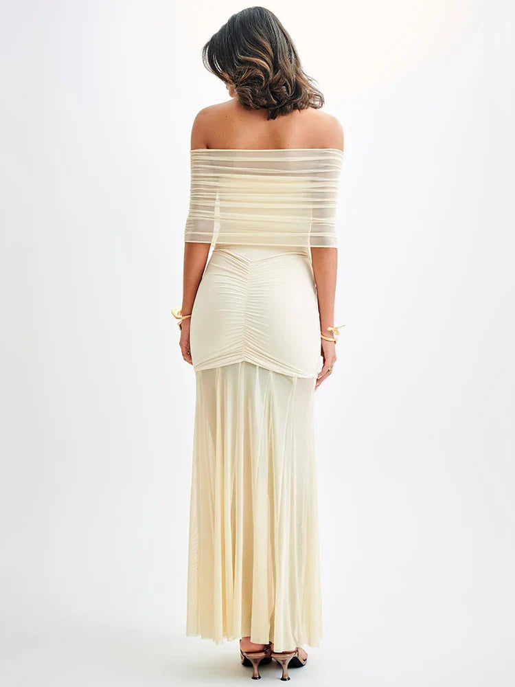 Off shoulder maxi jurk met mesh overlay en ruches – Seraphine