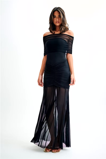 Off shoulder maxi jurk met mesh overlay en ruches – Seraphine