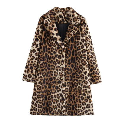 Luipaardprint Faux Fur Damesjas met Lange Snit – Selene