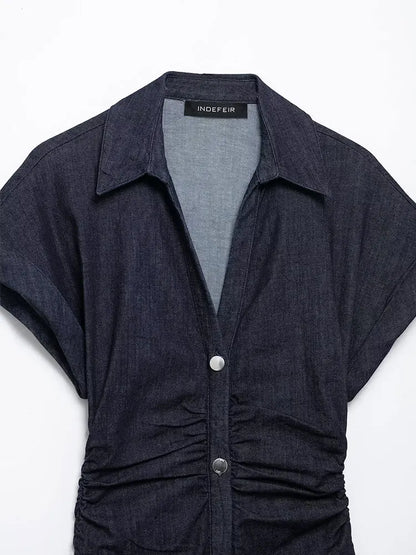 Denim midi jurk met knoopsluiting en zakken dames – Roxanne