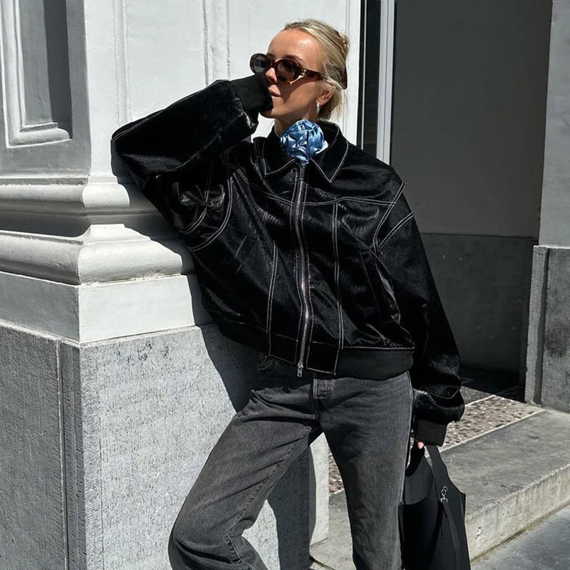 Oversized leren jas met stiksels en luxe afwerking – Varello