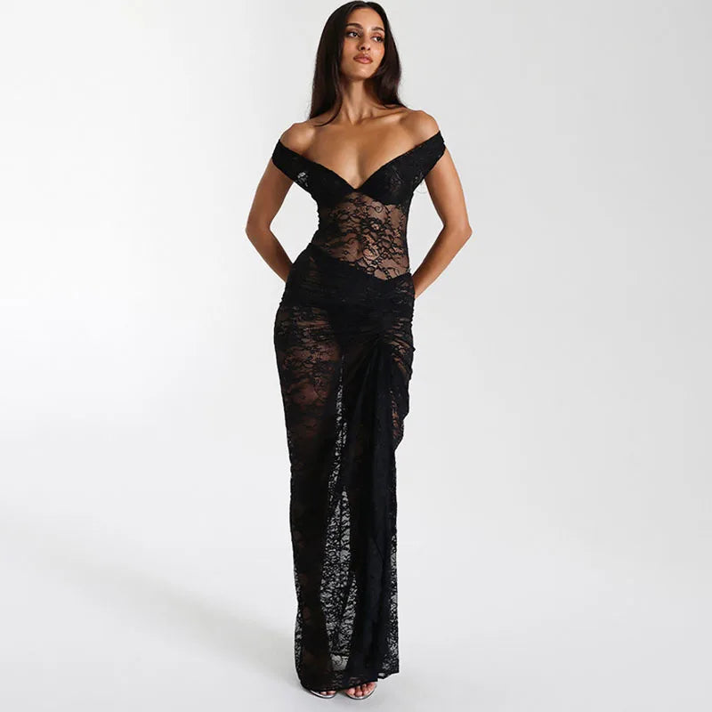 Kanten off-shoulder galajurk met drapering – Isolde