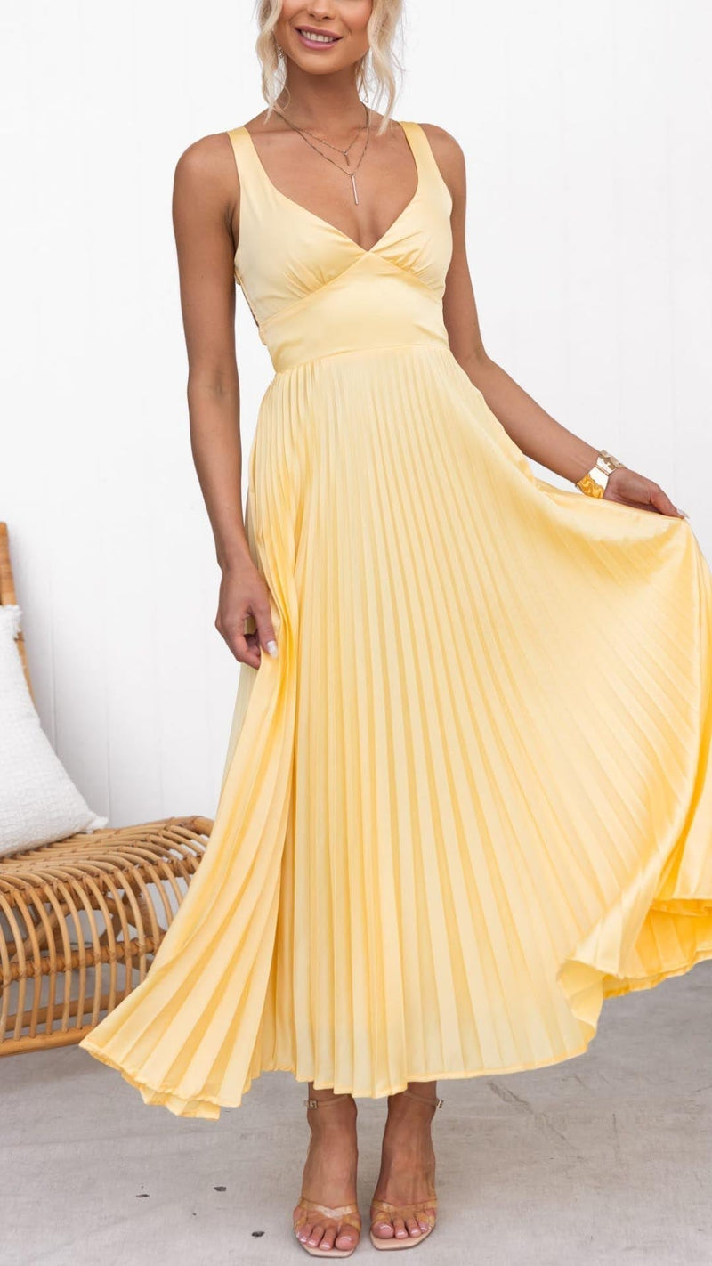 Dames Geplisseerde Maxi Jurk Elegant V-hals – Yara