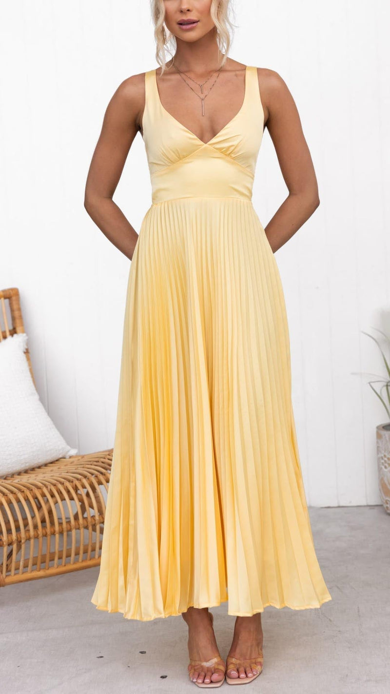 Dames Geplisseerde Maxi Jurk Elegant V-hals – Yara