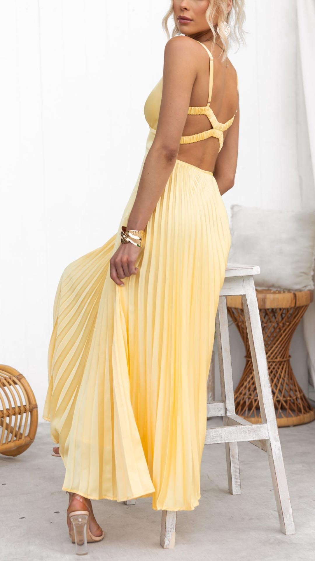 Dames Geplisseerde Maxi Jurk Elegant V-hals – Yara