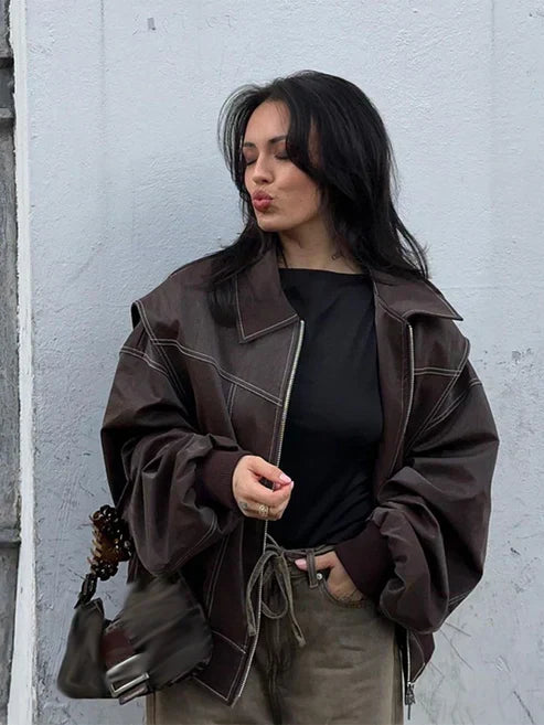 Oversized leren jas met stiksels en luxe afwerking – Varello
