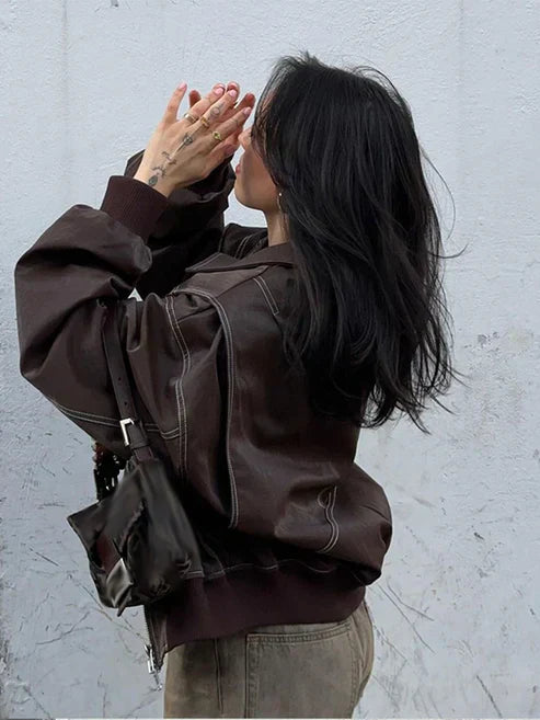 Oversized leren jas met stiksels en luxe afwerking – Varello