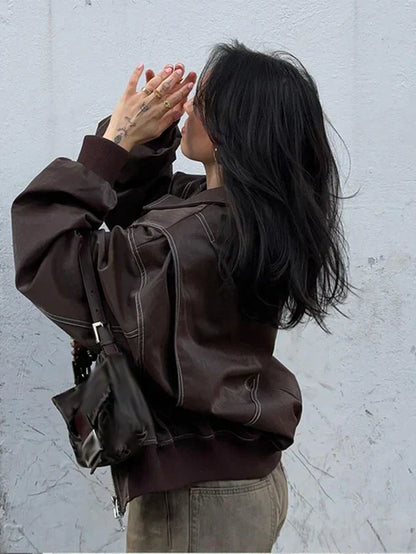 Oversized leren jas met stiksels en luxe afwerking – Varello
