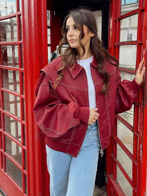 Oversized leren jas met stiksels en luxe afwerking – Varello