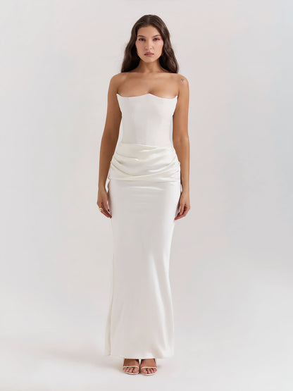 Strapless satijnen maxi-jurk met drapering – Rosalind
