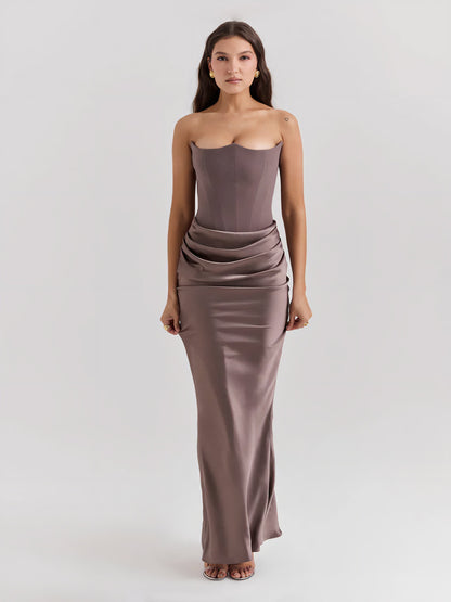 Strapless satijnen maxi-jurk met drapering – Rosalind