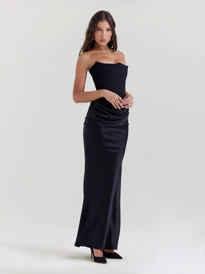 Strapless satijnen maxi-jurk met drapering – Rosalind