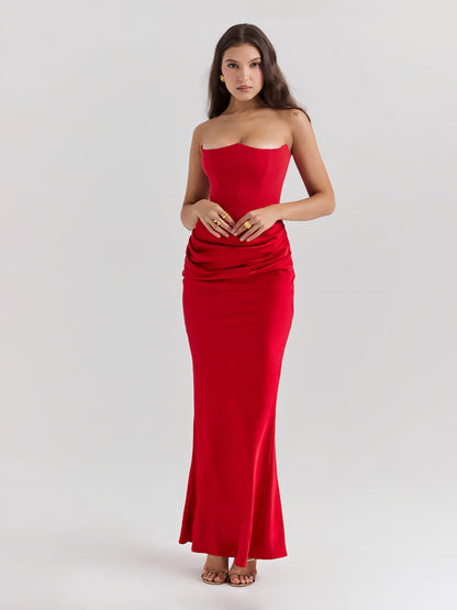 Strapless satijnen maxi-jurk met drapering – Rosalind