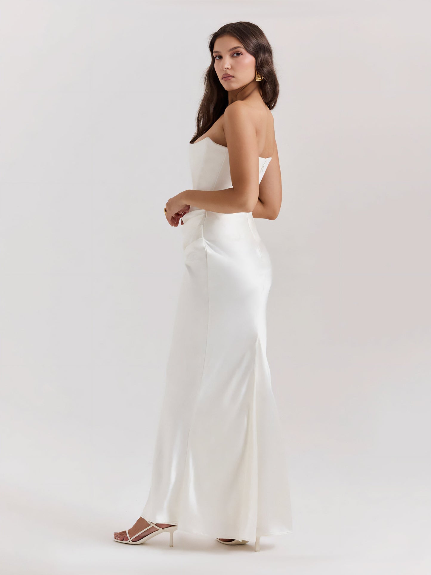 Strapless satijnen maxi-jurk met drapering – Rosalind