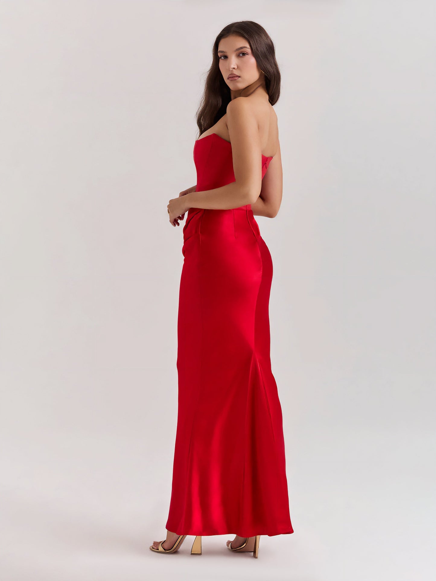 Strapless satijnen maxi-jurk met drapering – Rosalind