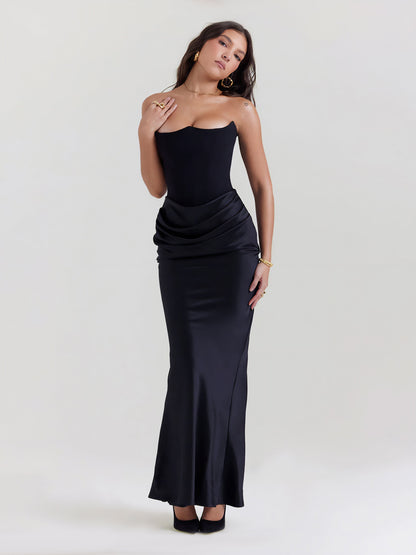 Strapless satijnen maxi-jurk met drapering – Rosalind