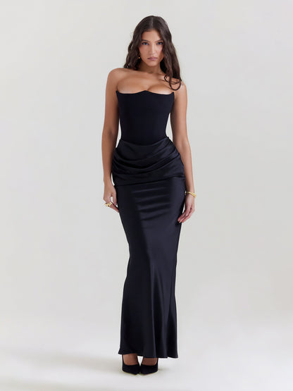 Strapless satijnen maxi-jurk met drapering – Rosalind