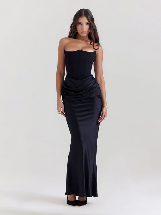 Strapless satijnen maxi-jurk met drapering – Rosalind