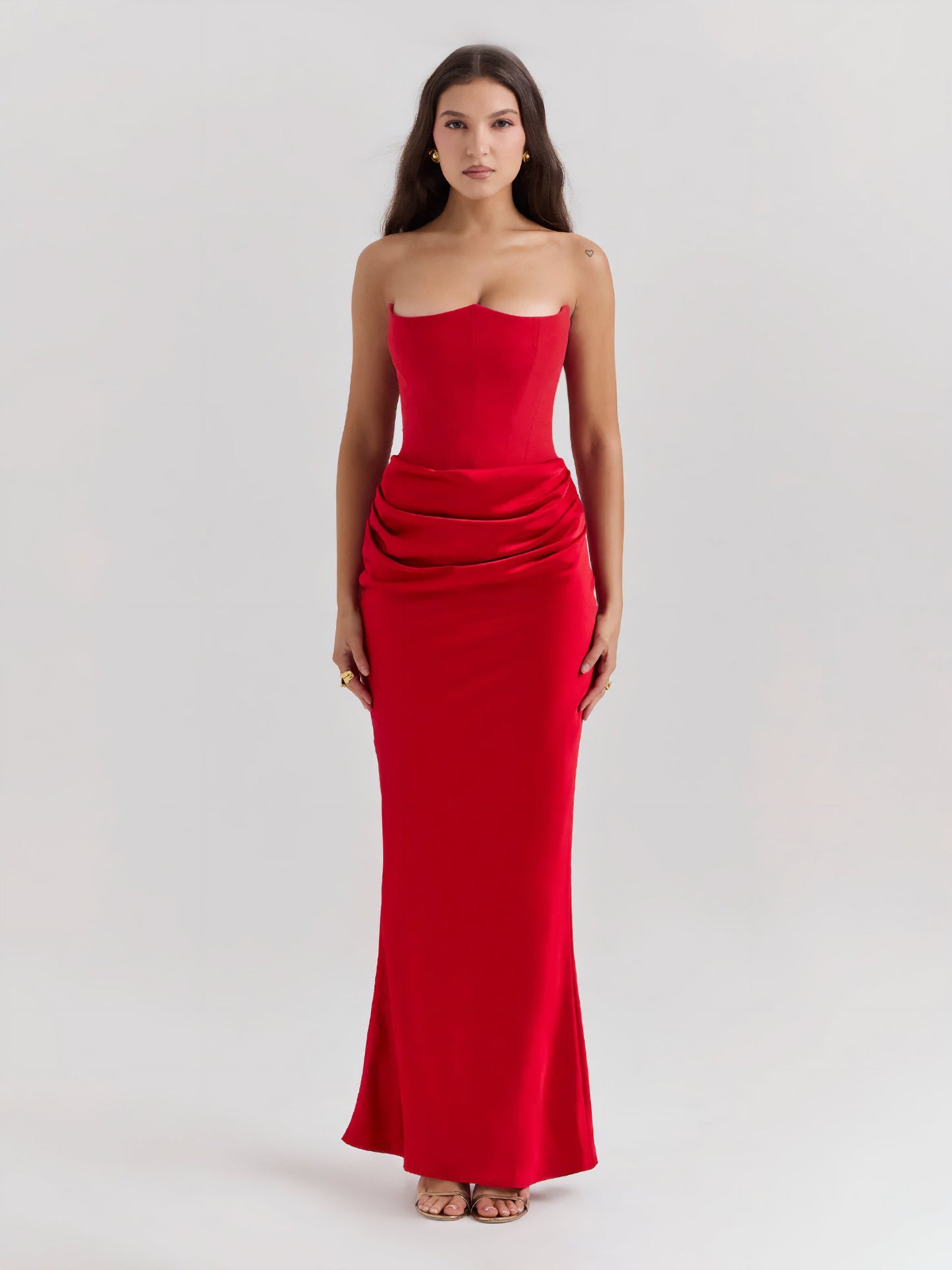 Strapless satijnen maxi-jurk met drapering – Rosalind