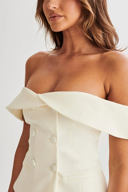 Tweedelige set blazer top off shoulder met plooirok dames – Amelise