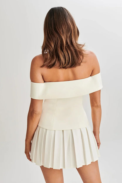 Tweedelige set blazer top off shoulder met plooirok dames – Amelise