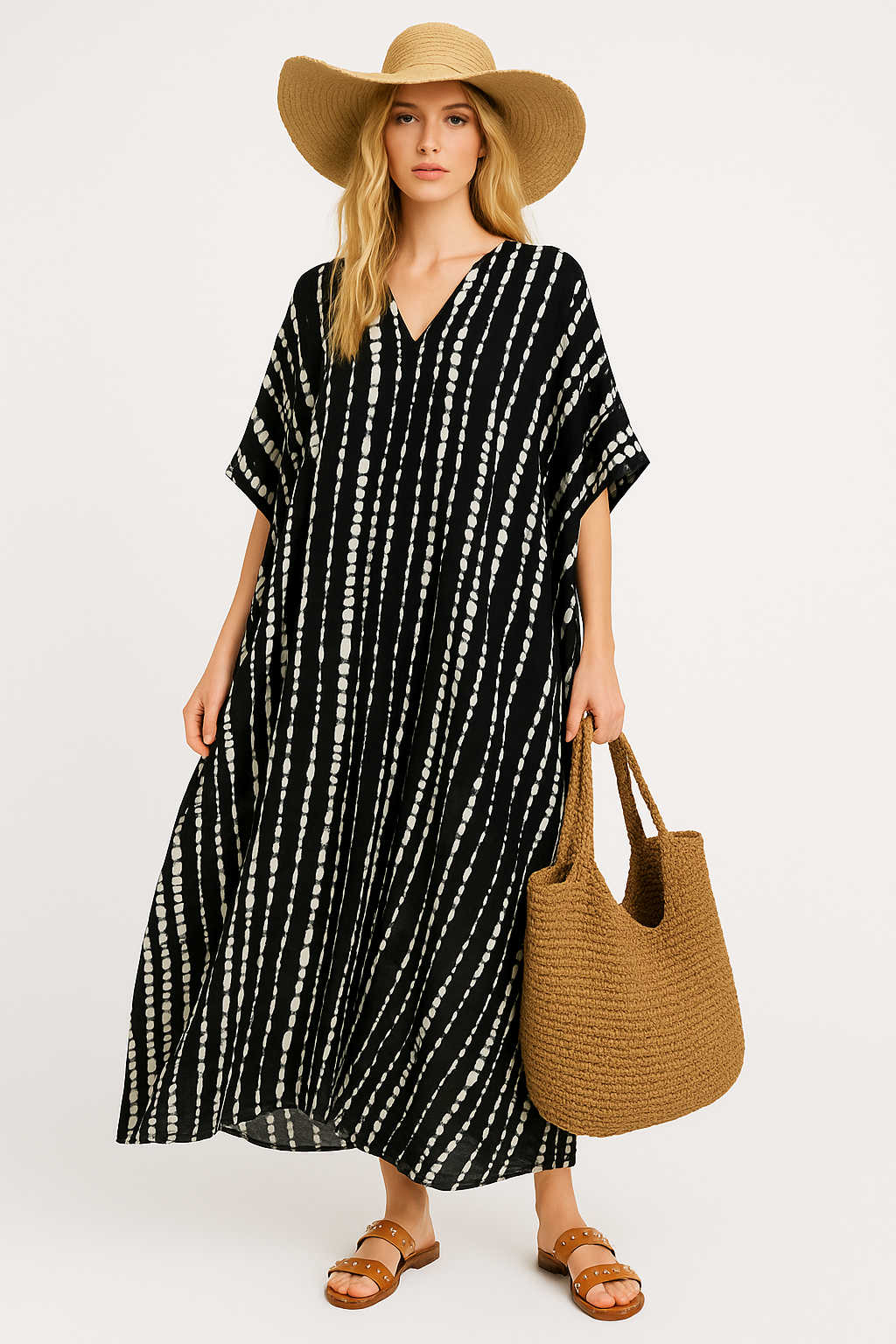 Donkerblauwe Kaftan Jurk met Witte Print – Salivra