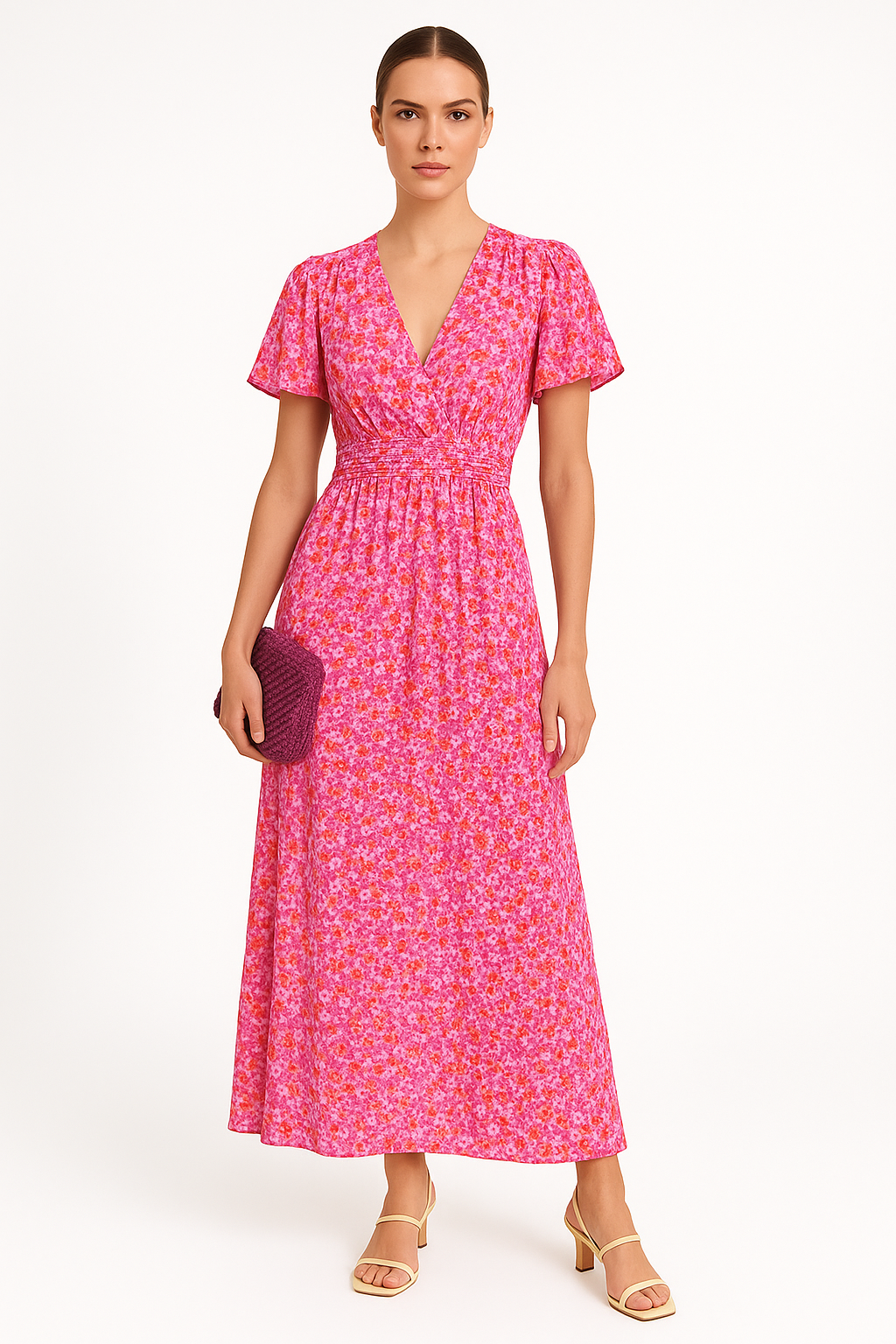 Elegante bloemenjurk met V-hals en korte mouwen – Elsie