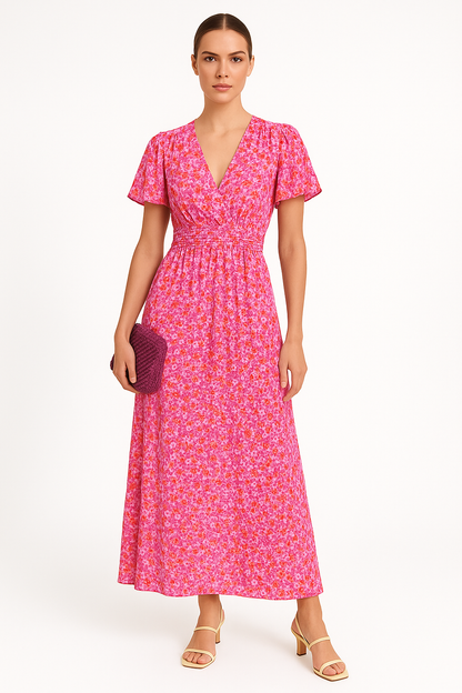 Elegante bloemenjurk met V-hals en korte mouwen – Elsie