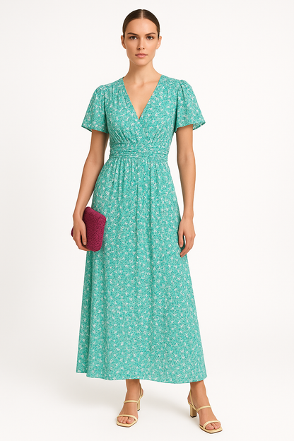 Elegante bloemenjurk met V-hals en korte mouwen – Elsie