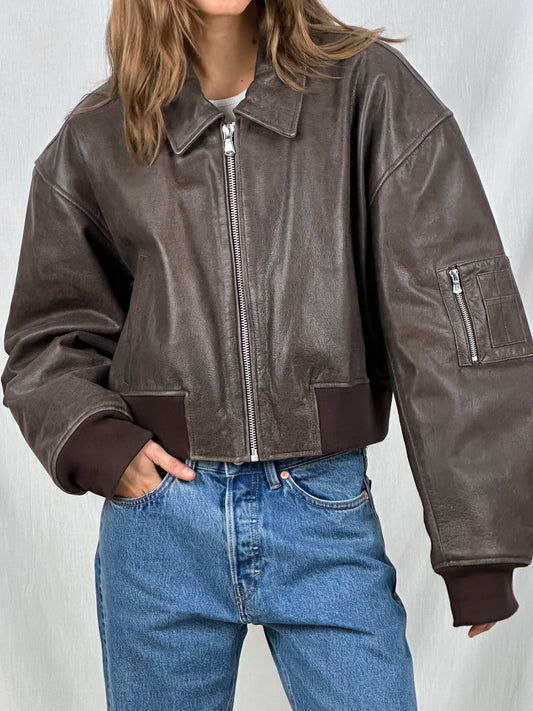 Cropped oversized dames leren bomberjack vintage look – Renvy